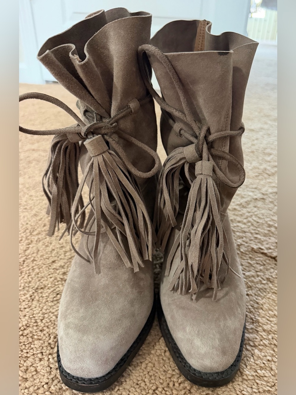 Anthropologie Jeffrey Campbell LaForge Suede Fringe Tie Ankle,Boot - Taupe 7.5